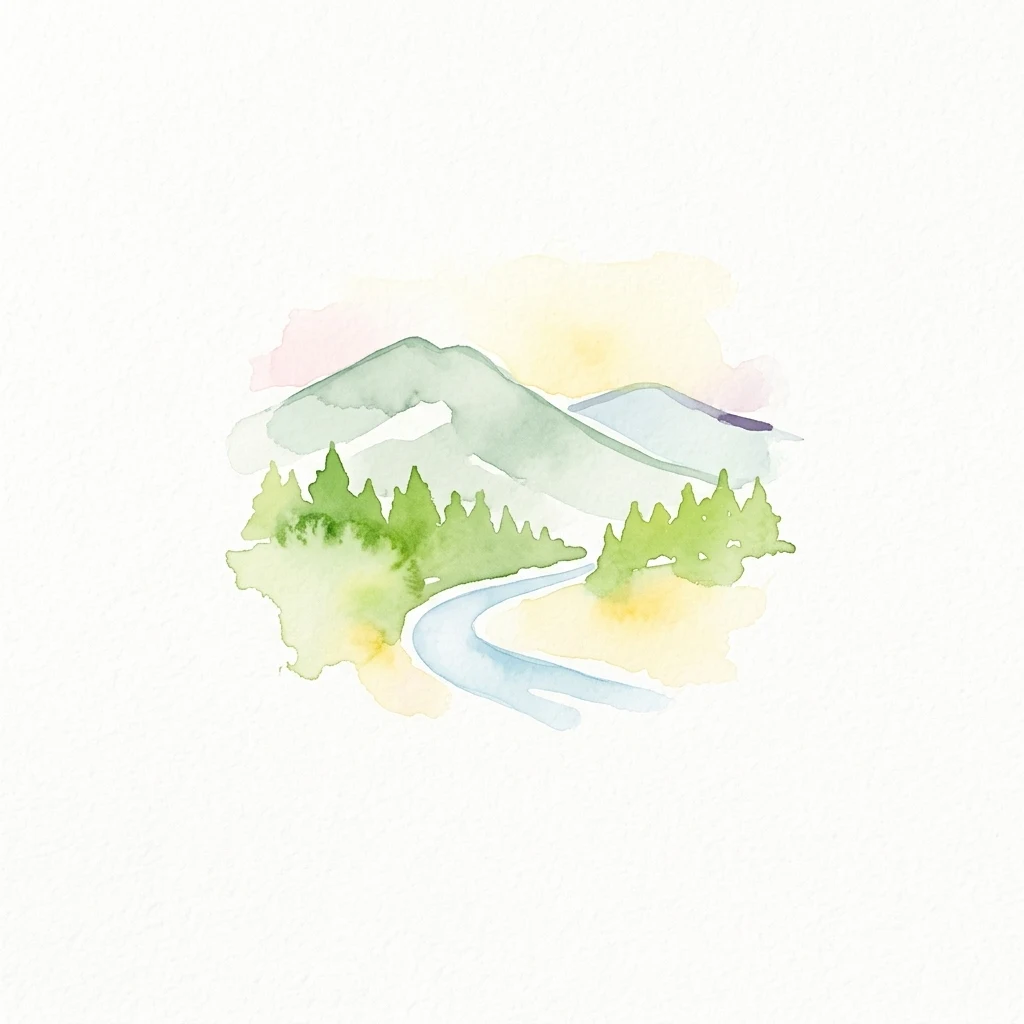 Ilustración en acuarela que muestra montañas, un río y áreas boscosas