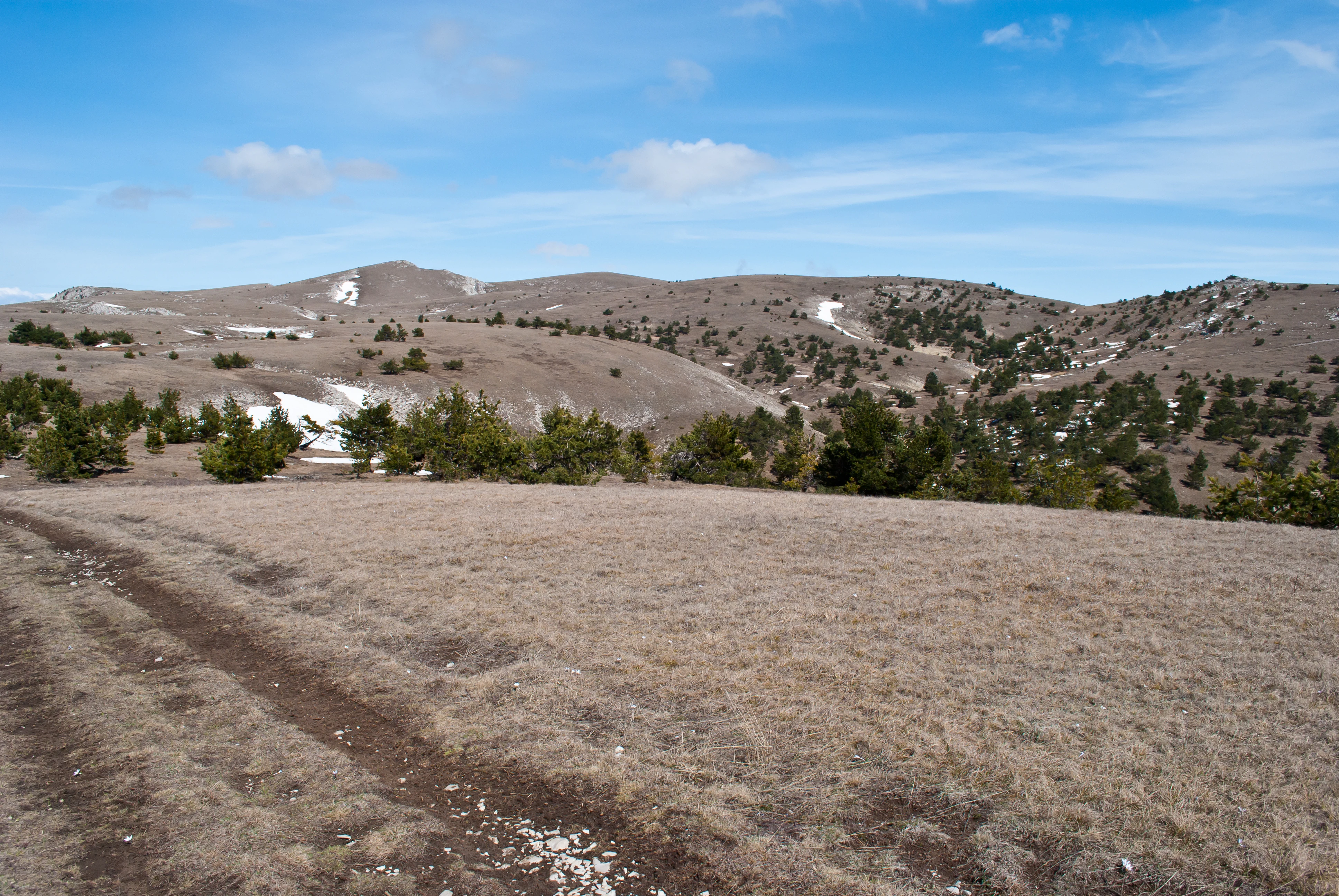 Grassy plateau with dirt path leading into distance, surrounded by low-lying trees and rolling hills under blue sky with scattered clouds
