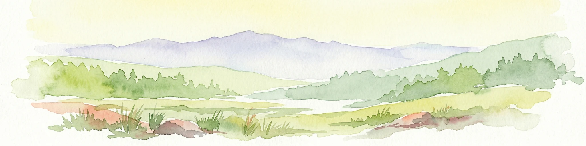 Ilustración en acuarela de un paisaje montañoso con bosques verdes, un río y montañas distantes bajo un cielo claro