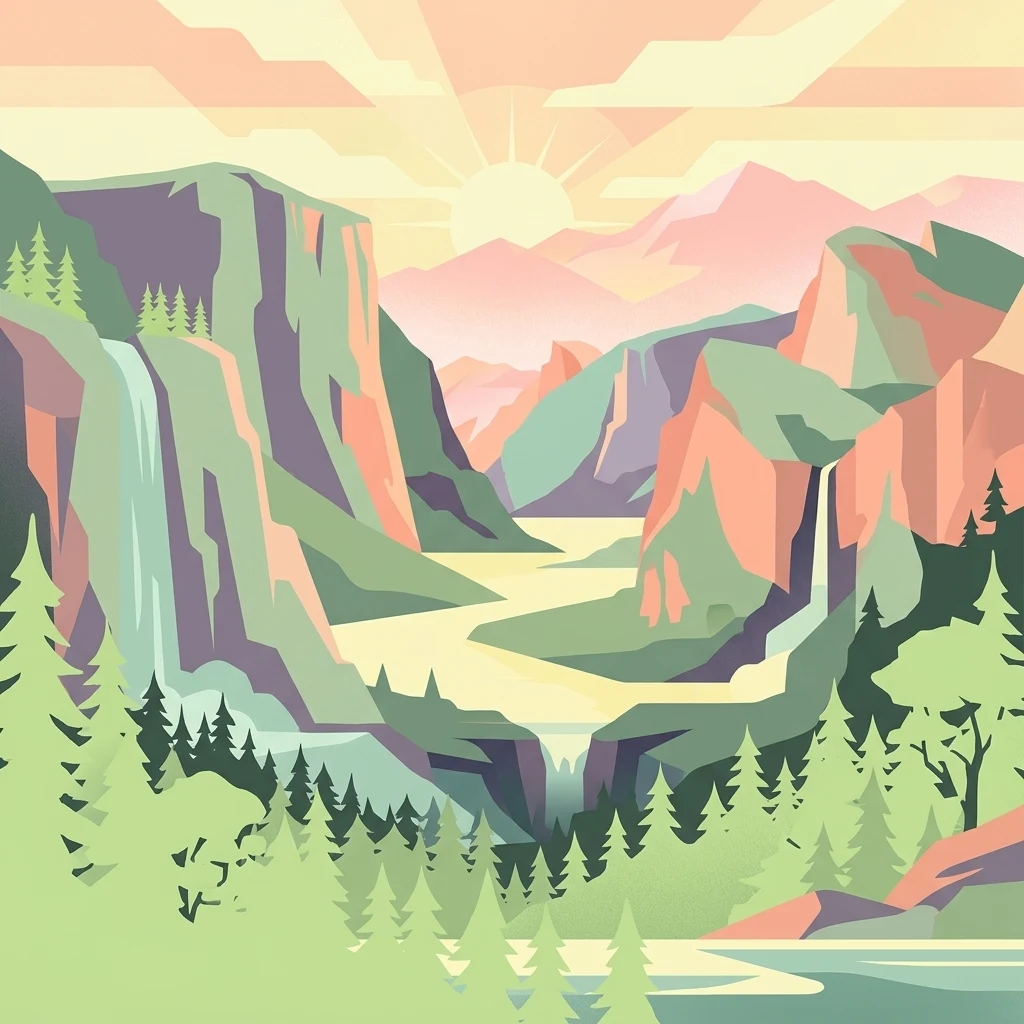 Stylized vector art of a valley with steep canyon walls, pine forests, multiple waterfalls, and a rising sun in the background.
