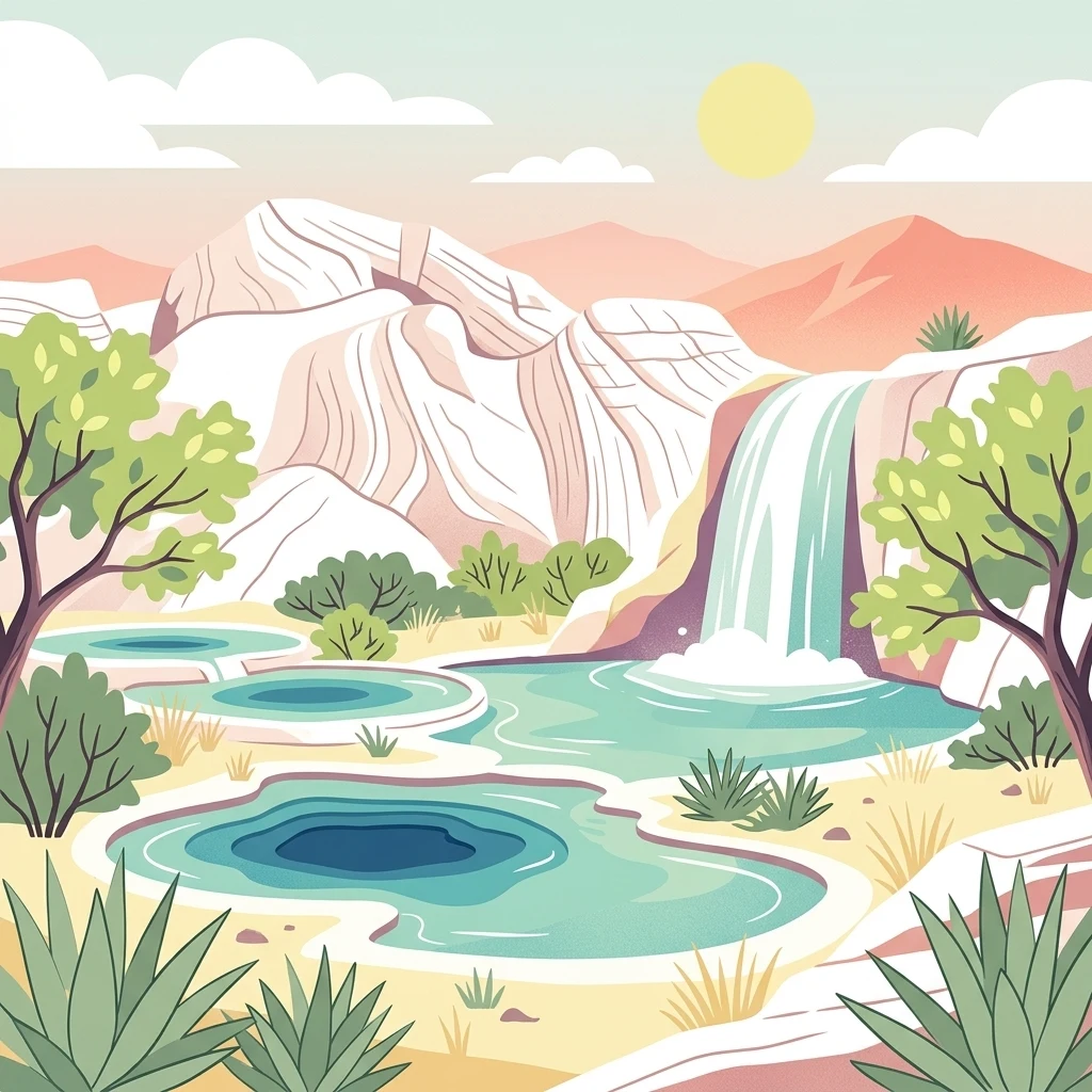 A stylized, flat-design illustration of a desert landscape featuring tiered turquoise pools, a small waterfall, desert shrubs, cacti, and layered mountains under a pale sun.