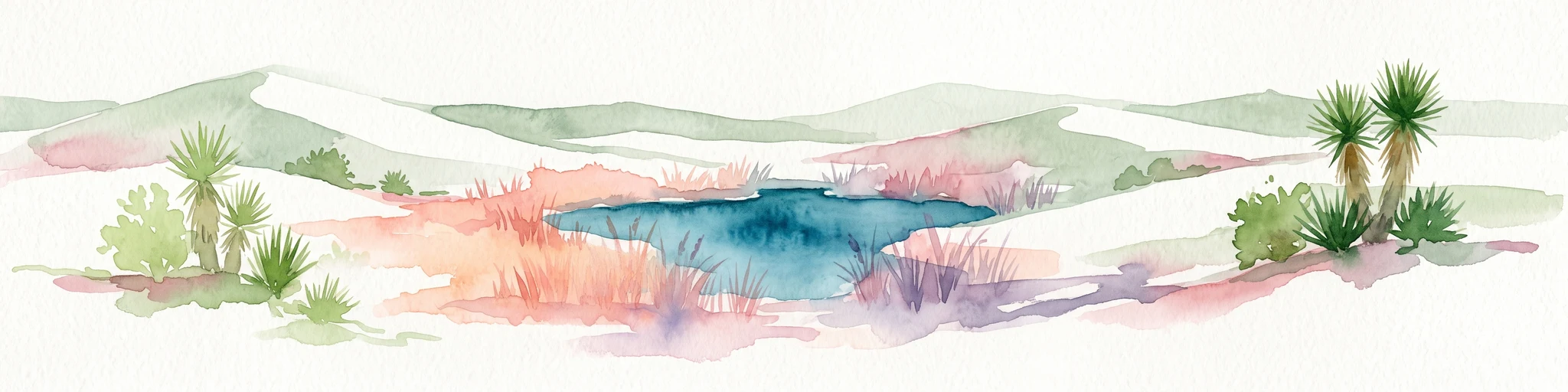 Watercolor painting of a desert landscape with white gypsum dunes, a central turquoise blue pool, and yucca plants.