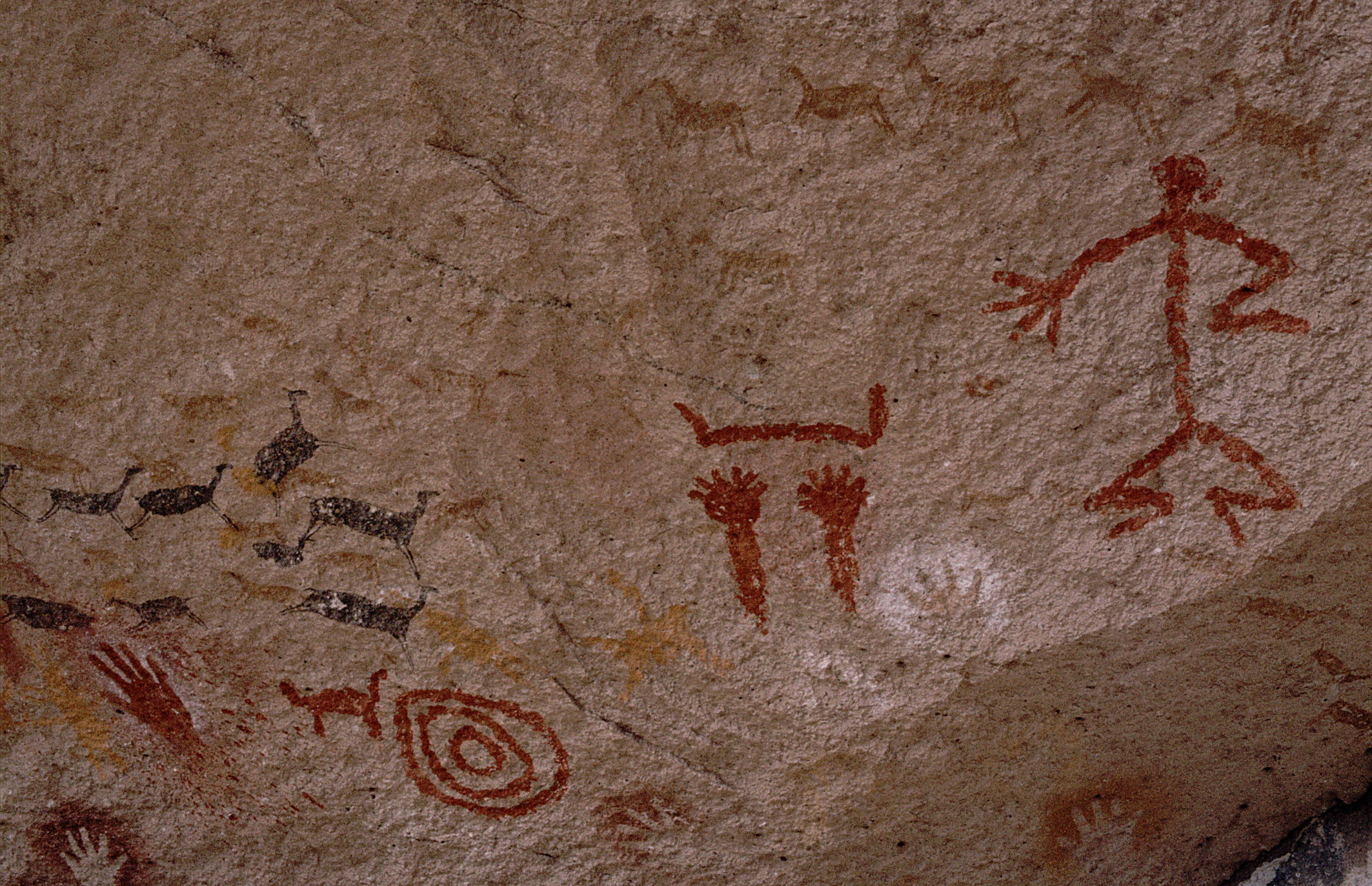 A section of rock wall featuring ancient red and black painted motifs, including hand stencils, stylized human figures, guanaco shapes, and concentric circle patterns.