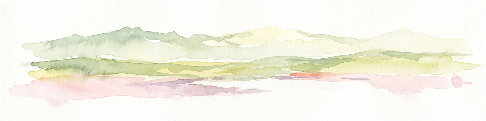 Watercolor painting of a stylized, abstract mountain ridgeline and landscape in pale green, yellow, and soft purple tones against a white background.