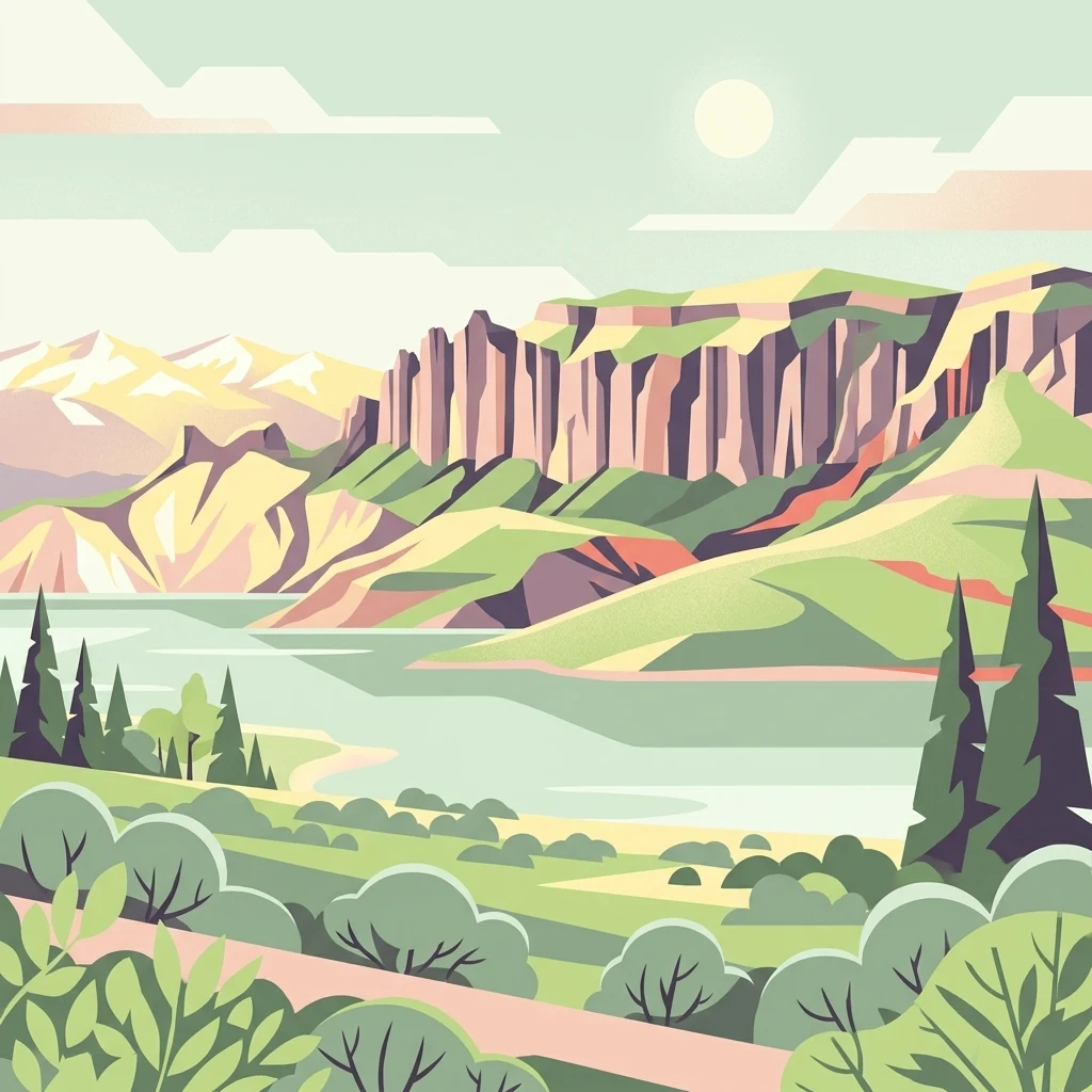 Una ilustración digital estilizada de un embalse enclavado entre imponentes acantilados y colinas boscosas, con árboles de hoja perenne en primer plano y un sol pálido en un cielo suave.