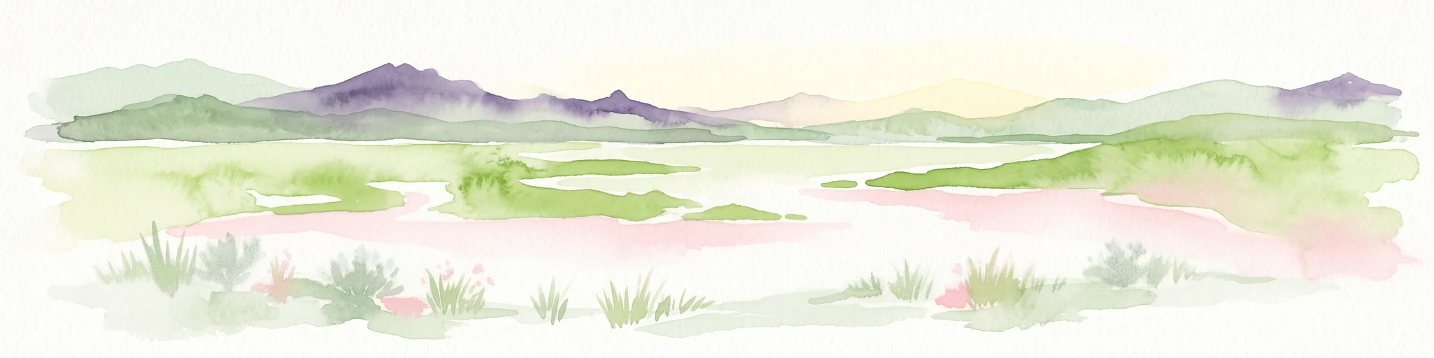 Una ilustración minimalista en acuarela que muestra suaves colinas verdes, montañas púrpuras al fondo y una masa de agua reflectante en primer plano.