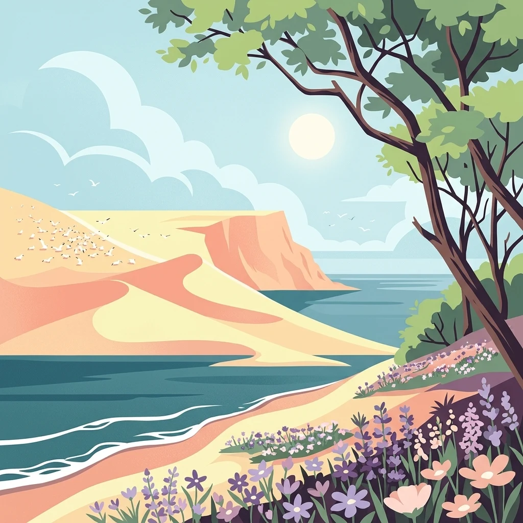 A colorful illustration showing sand dunes meeting a body of water, with a large tree on the right and purple and pink flowers in the foreground.