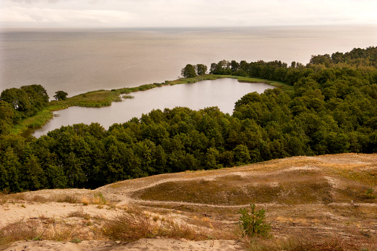 Lake surrounded by dense forest and sandy terrain with the Baltic Sea visible in the distance