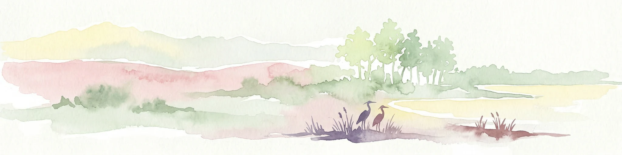 Pintura de acuarela de un paisaje costero con árboles, aves y colinas de colores pastel suaves