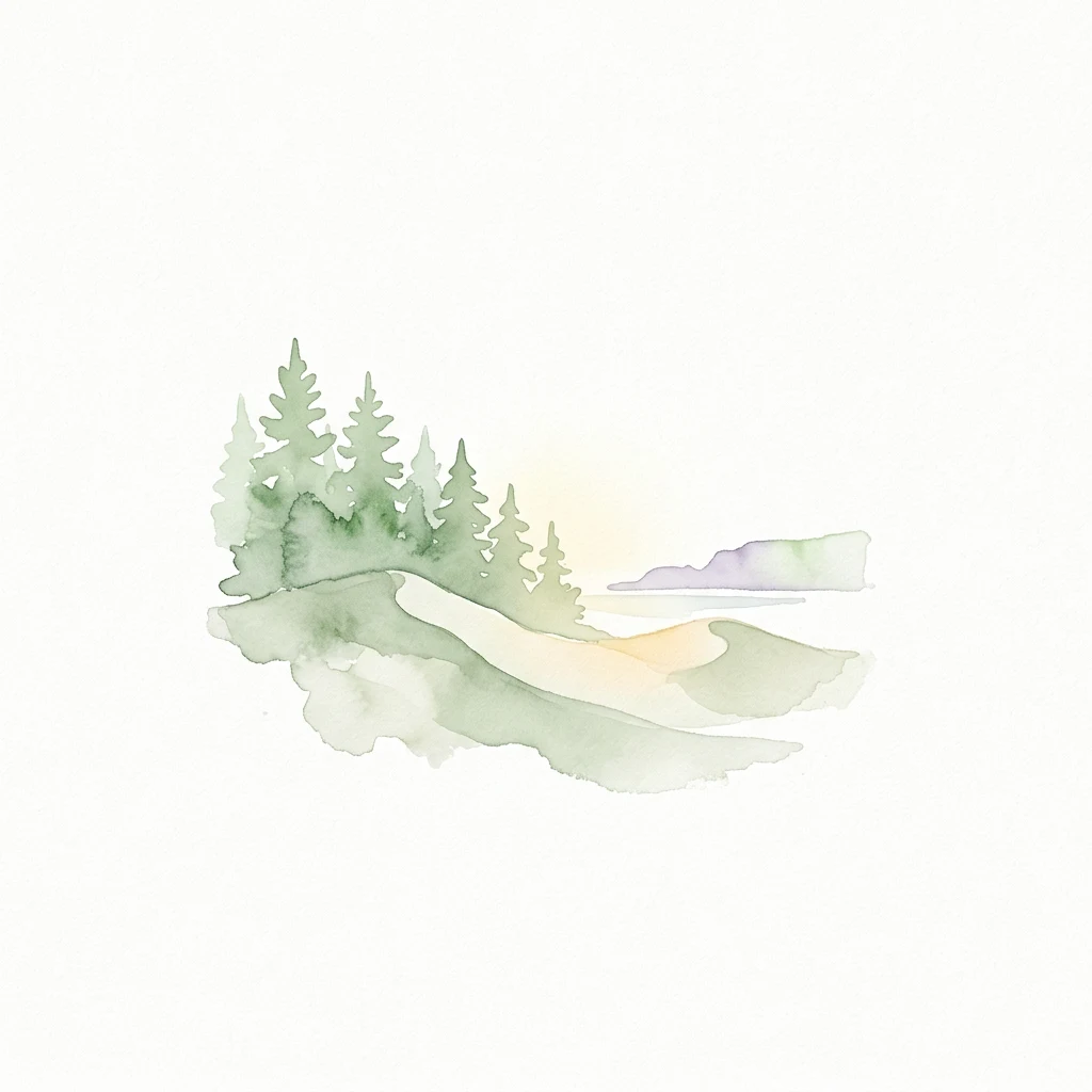 Watercolor painting of green pine trees on sand dunes with a light blue water body and distant hills