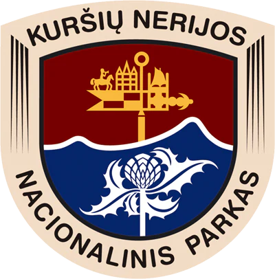 Curonian Spit National Park emblem with red upper section containing a wind vane, blue lower section with a thistle, and wave design