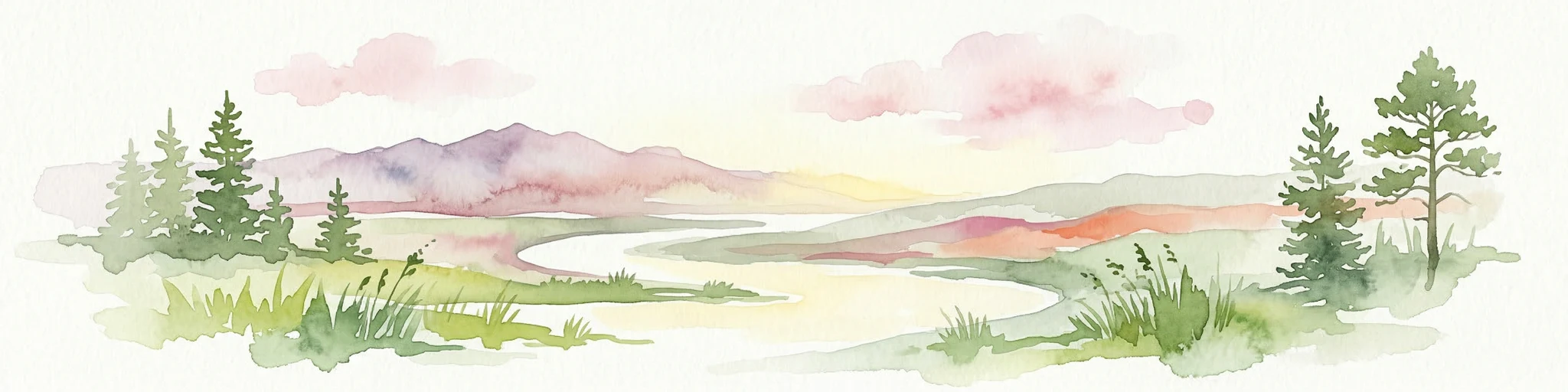 Pintura de acuarela de un paisaje con un río que fluye a través de campos de hierba, árboles y montañas al fondo
