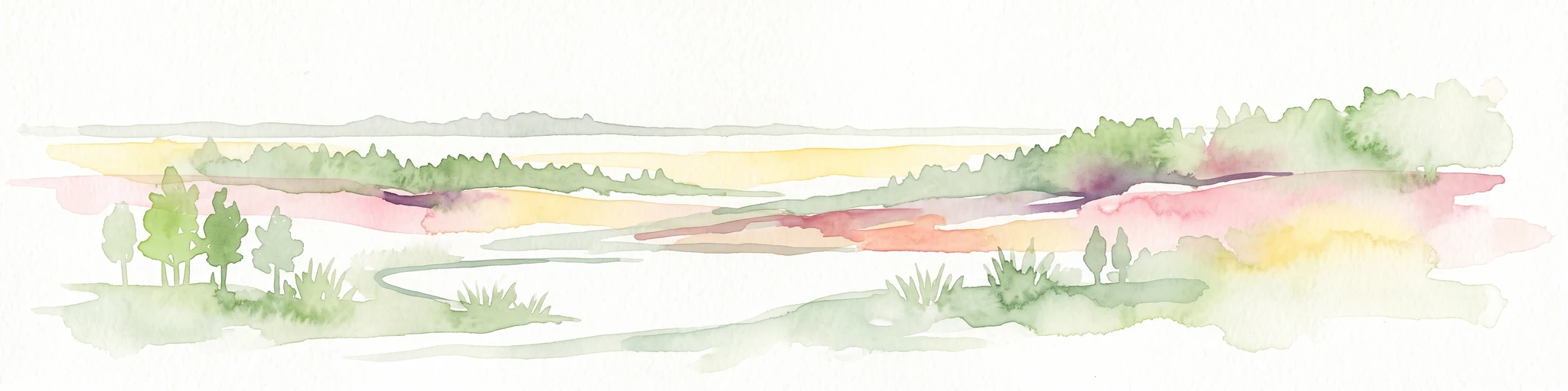Una ilustración horizontal en acuarela que muestra un paisaje costero con tonos suaves de rosa y verde, con pequeños árboles, terreno pantanoso y una línea de horizonte suave.