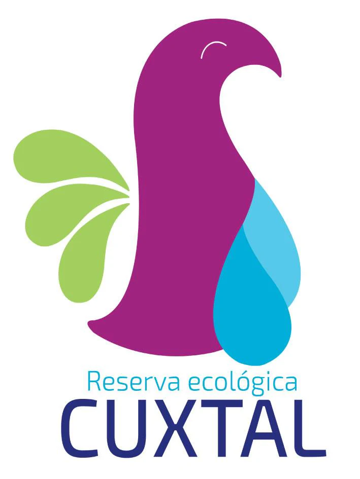 The logo for the Cuxtal Ecological Reserve shows a stylized purple bird figure with green feathers and a blue water drop shape, with the text Reserva ecológica CUXTAL underneath.