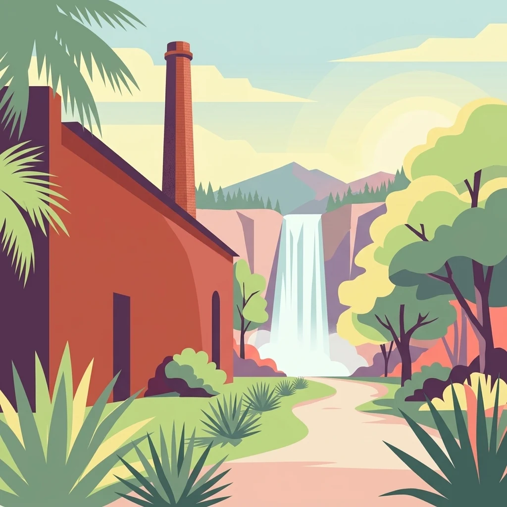 A flat-style digital illustration of an old red brick hacienda building with a tall chimney, set in a landscape with lush green trees, agave plants, a distant waterfall, and rolling hills under a soft sky.
