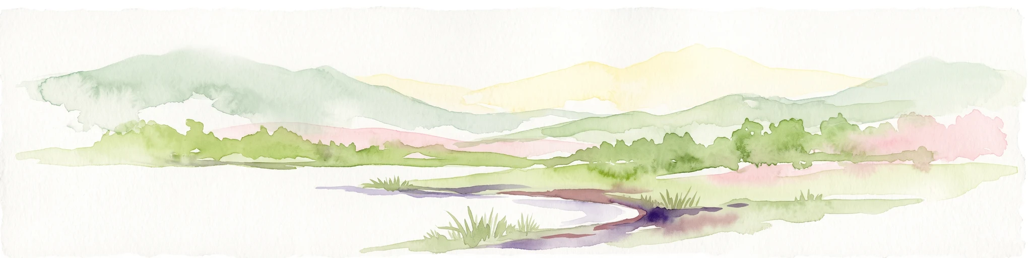 Una pintura a la acuarela que muestra suaves colinas onduladas en la distancia, con un humedal pantanoso y parches de vegetación en primer plano.