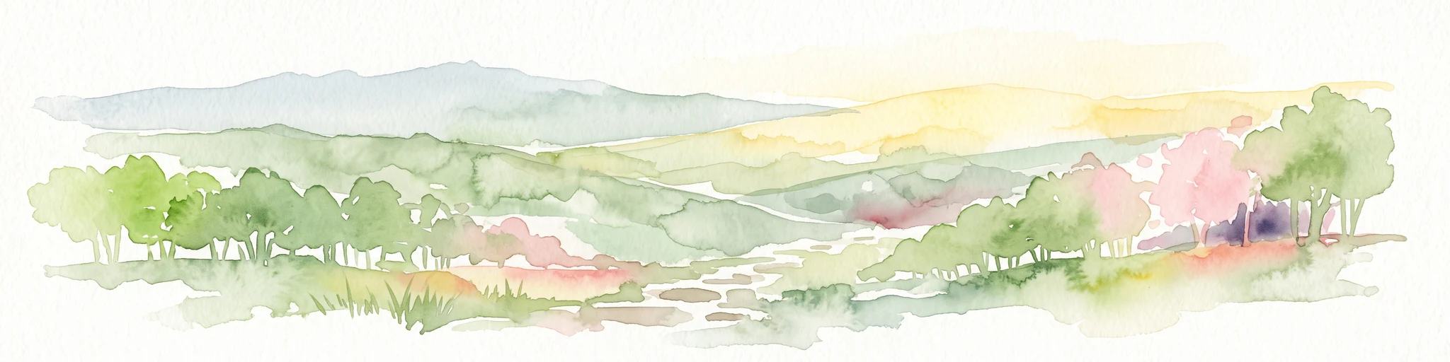 Una pintura en acuarela que muestra un paisaje ondulado con montañas lejanas, árboles suaves en verde y rosa, y colinas suaves sobre un fondo blanco liso.