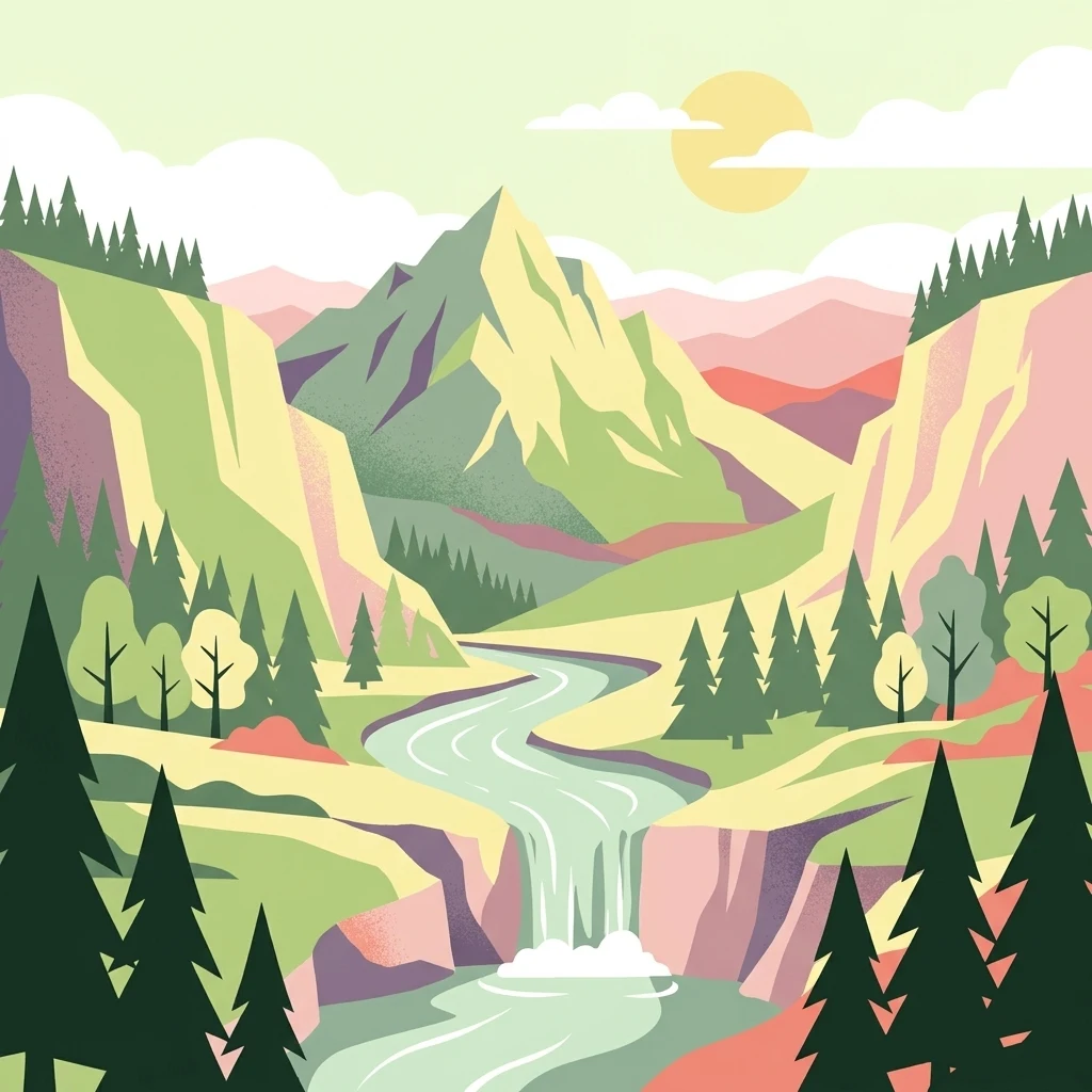 A stylized digital illustration of a mountainous landscape with a river flowing from the center into the foreground, surrounded by coniferous trees and grassy slopes under a pale yellow sun.