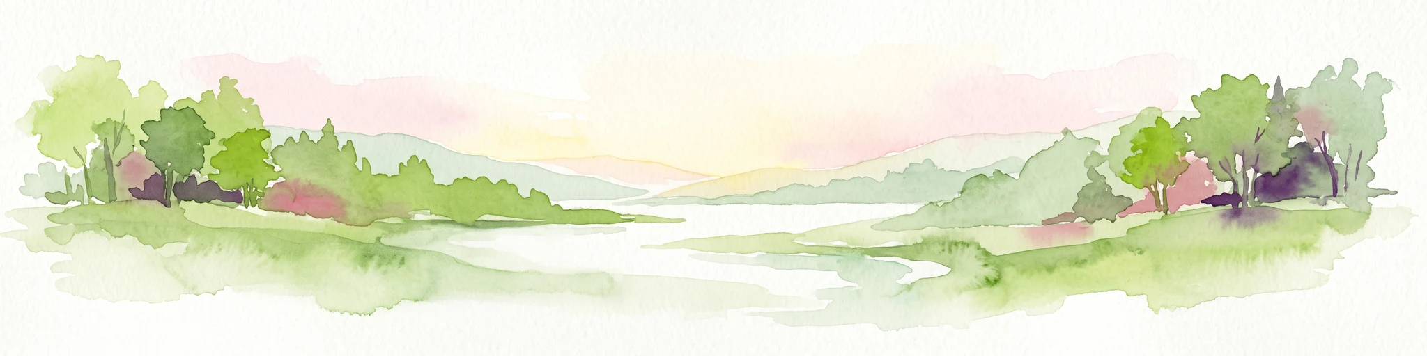 Watercolor painting of a lush green landscape with trees, rolling hills, and a water feature in a soft pastel palette.