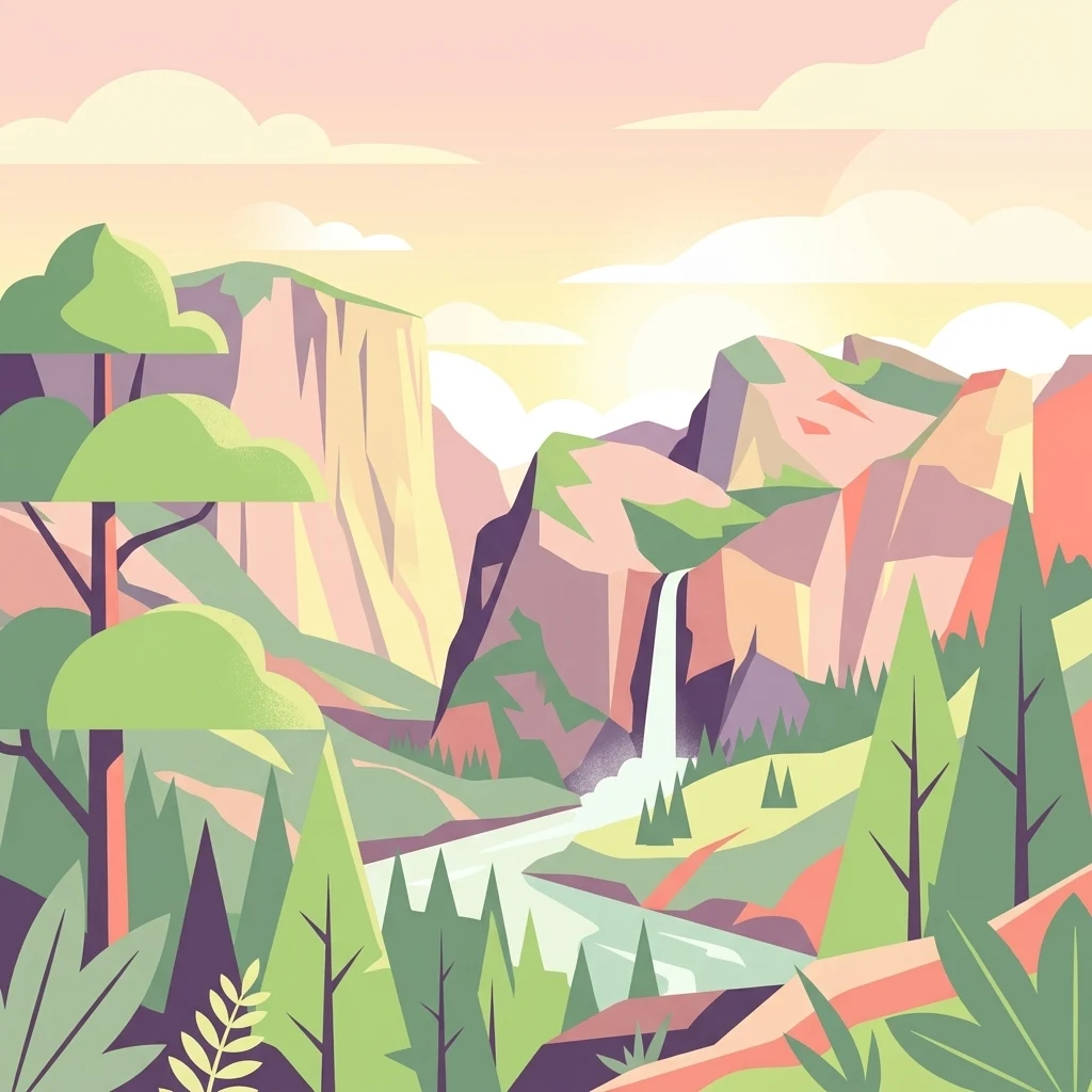 A stylized digital illustration of a mountain landscape featuring a central waterfall flowing into a river, surrounded by coniferous trees and rocky cliffs under a soft pastel sky.