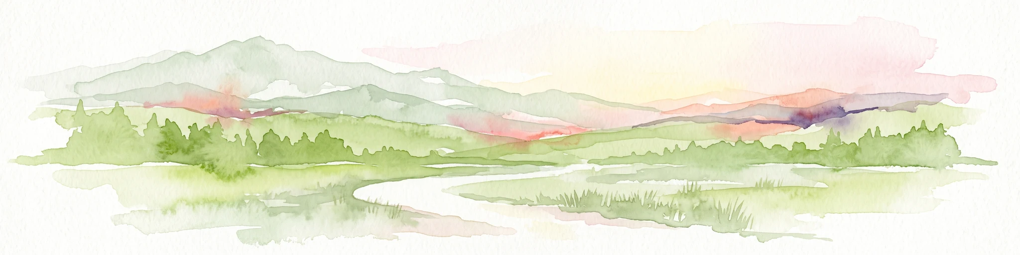A soft, painterly watercolor illustration showing a landscape with distant rolling hills, a green meadow, and a winding path in the foreground against a white background.