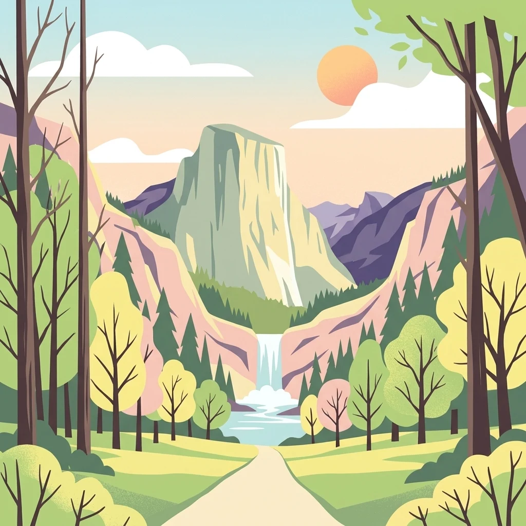 A flat vector-style illustration of a mountain valley scene with a prominent monolith rock formation, a waterfall, a river, and surrounding trees under a soft-toned sky.