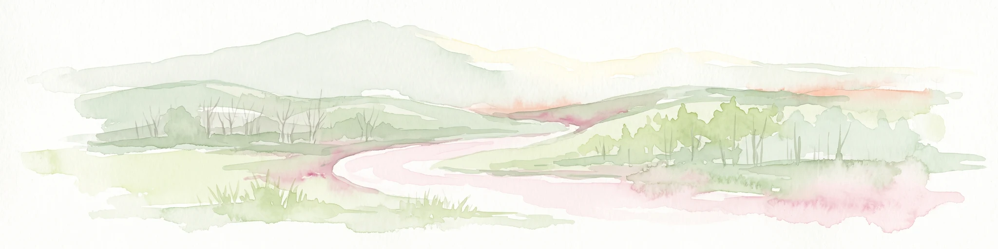 A pale, soft watercolor illustration showing a winding river flowing through green hills and forests against a light sky.