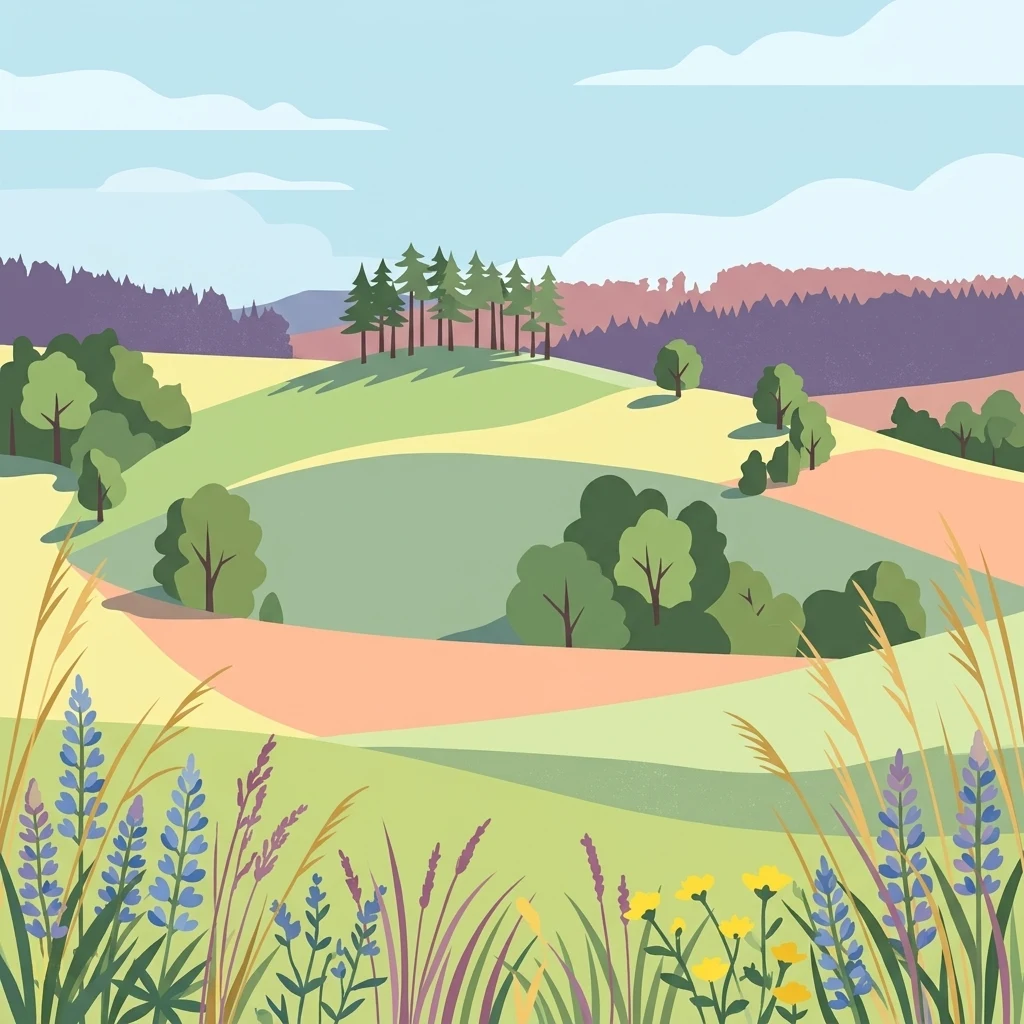 A flat-style digital illustration of rolling hills and meadows featuring wildflowers in the foreground and a small cluster of trees on a hill in the background.