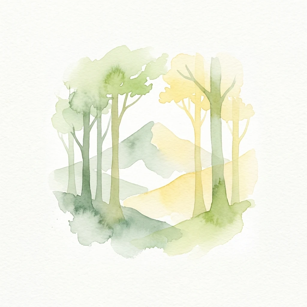Ilustración acuarela de árboles y montañas
