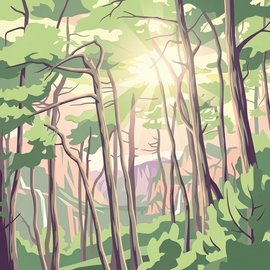 Ilustración de un bosque con árboles altos, follaje verde y rayos de sol a través del dosel