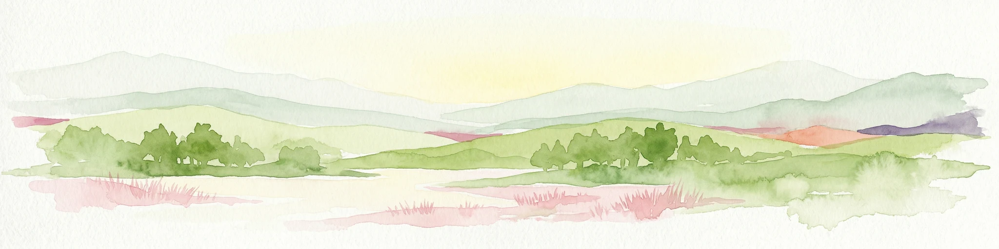 Ilustración de acuarela de campos verdes, cúmulos de árboles, montañas distantes y un cielo amarillo claro