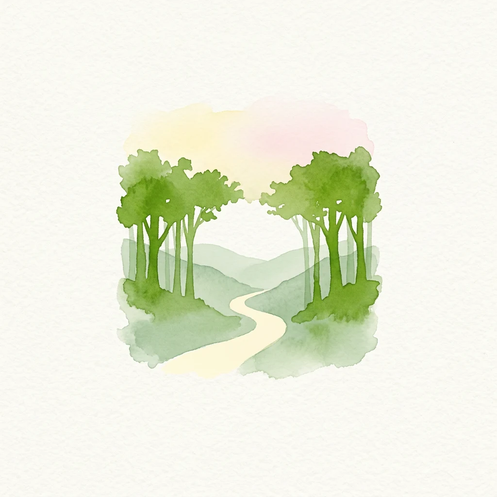 Ilustración en acuarela que muestra un sendero sinuoso a través de un bosque con árboles altos y verdes a ambos lados y un fondo de cielo suave amarillo rosado