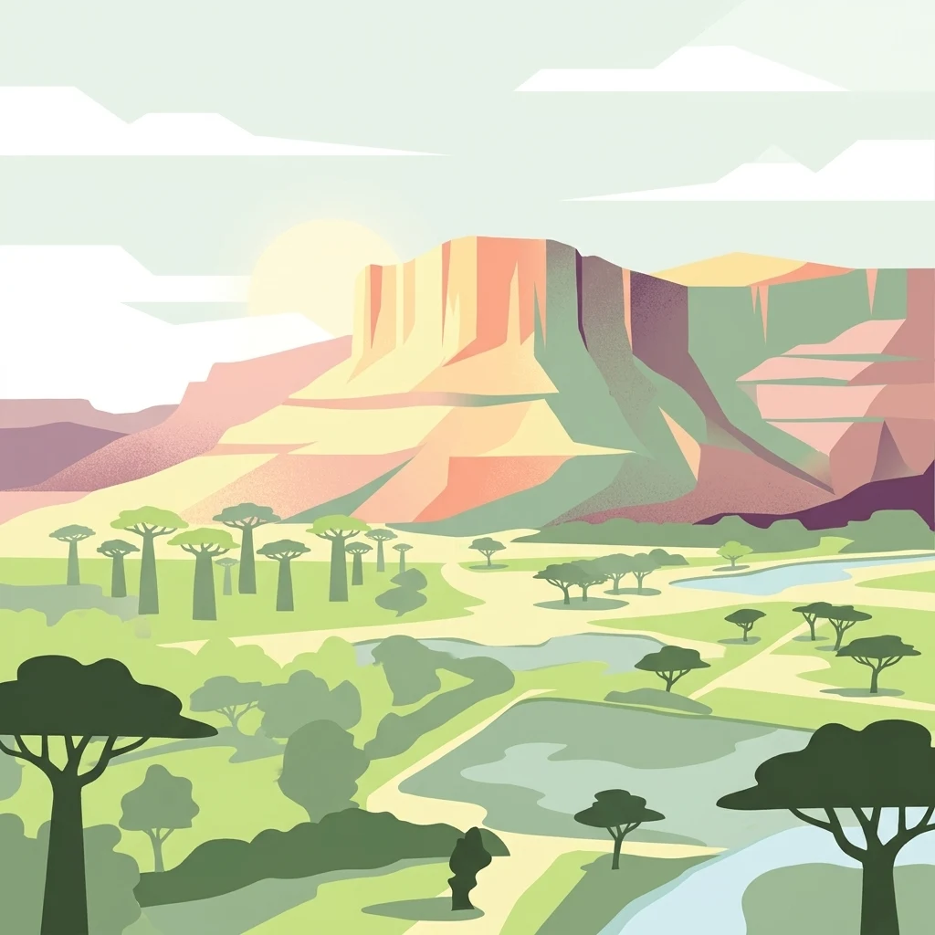 A stylized digital illustration of a savanna landscape with a large mesa in the background, baobab trees in the midground, and a winding river or wetland area in the foreground.