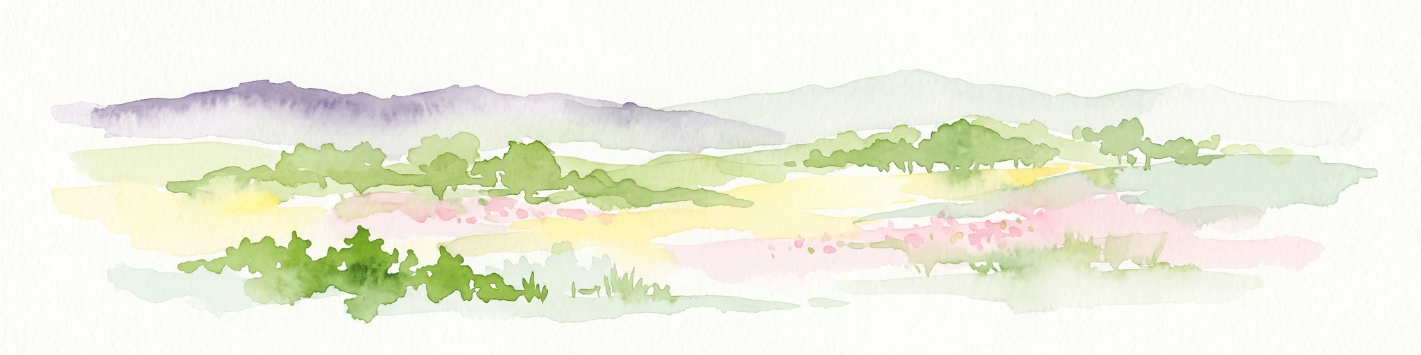 A soft, light watercolor painting of a valley landscape with rolling green hills, distant purplish mountains, and patches of pink, yellow, and green vegetation.