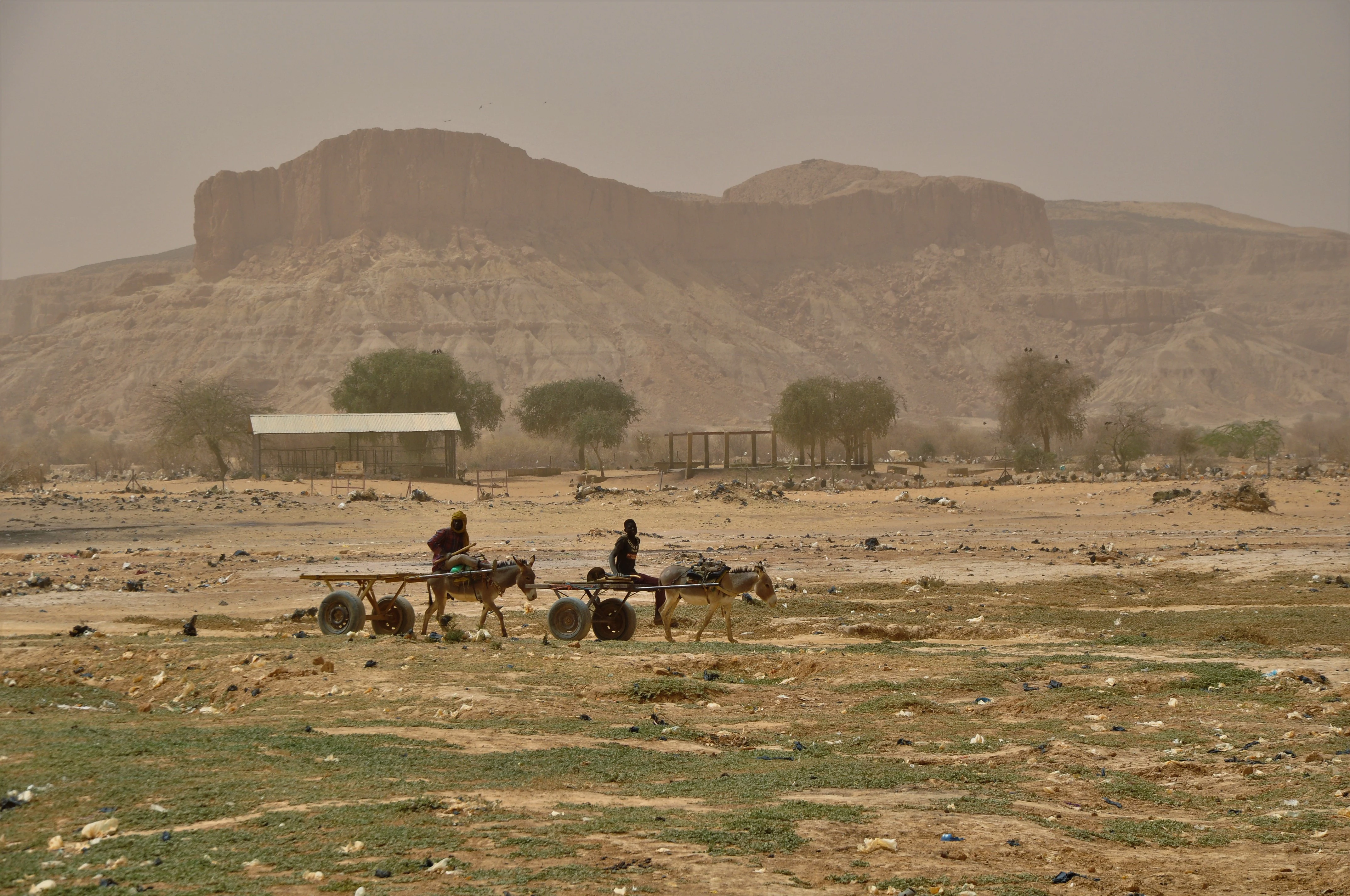 A wide view of the Dallol Bosso valley in Niger with a rocky escarpment in the background, showing two people pulling carts with donkeys in a dry, open landscape.