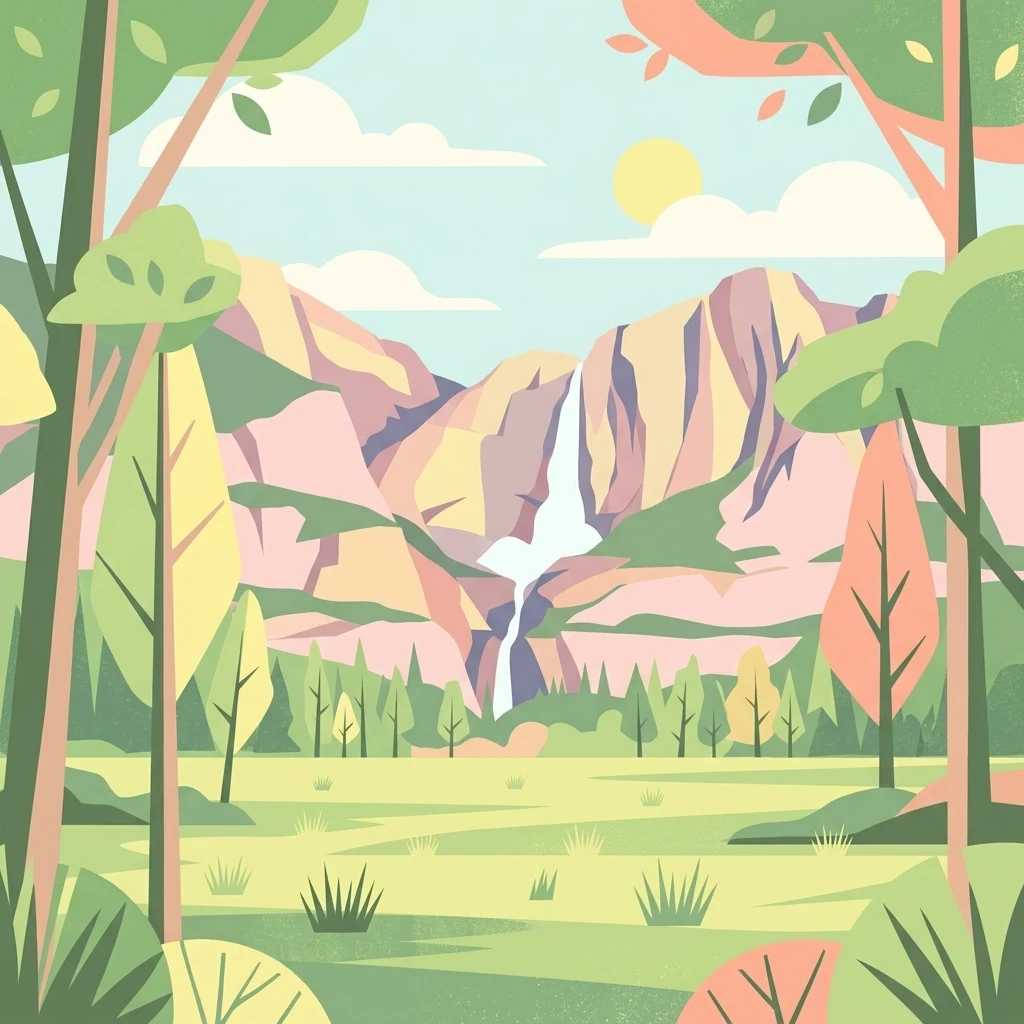 Vector illustration showing a scenic valley with a waterfall flowing between mountains, framed by stylized trees in the foreground.