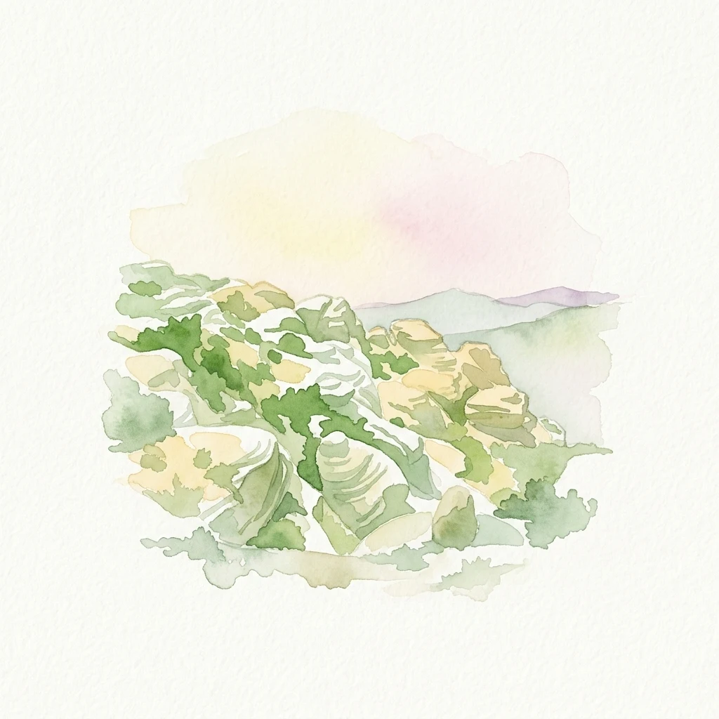 Ilustración en acuarela de terreno rocoso con vegetación verde y montañas distantes bajo un cielo suave
