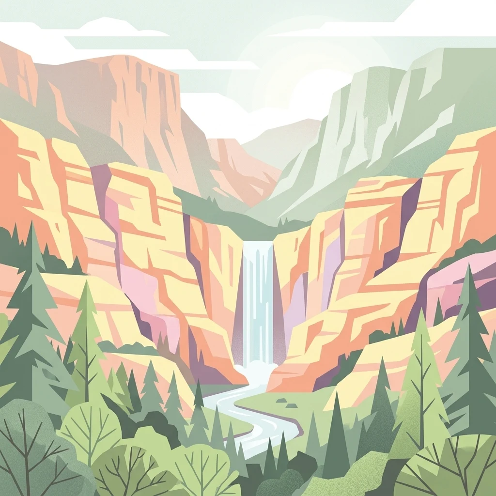 Stylized illustration of a waterfall flowing through a canyon with rocky cliffs and forested areas
