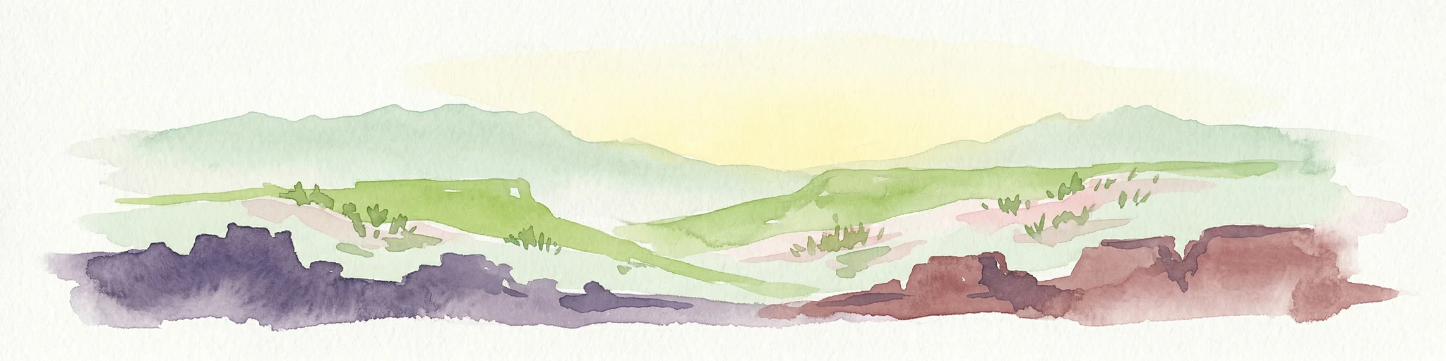 Watercolor illustration of a mountainous landscape with multiple colored terrain layers