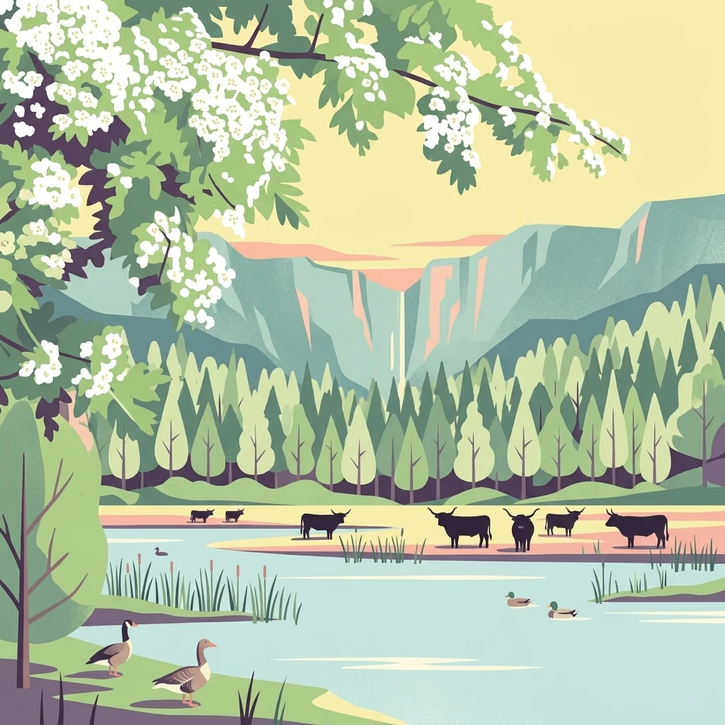 A flat-style digital illustration of a wetland scene. In the foreground, two geese stand on a grassy bank near water where more ducks swim. In the middle ground, several cows graze on a flat, open area. A forest of pine-like trees stands before distant mountains with a thin waterfall in the center. A blooming branch overhangs the scene from the top left.