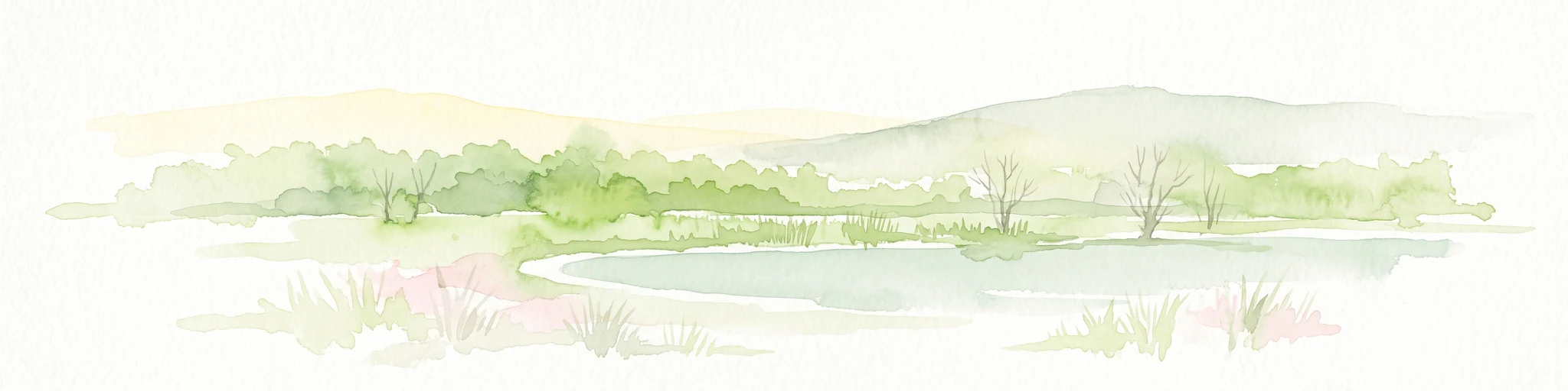 A soft watercolor illustration of a calm pond surrounded by green vegetation and rolling hills in the background.