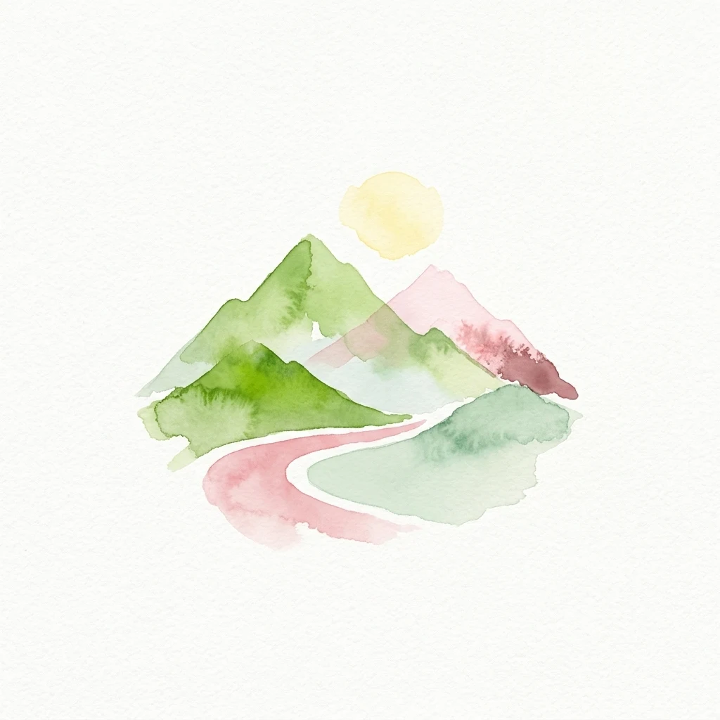 Watercolor illustration showing green mountains, pink winding path, and yellow sun against white background
