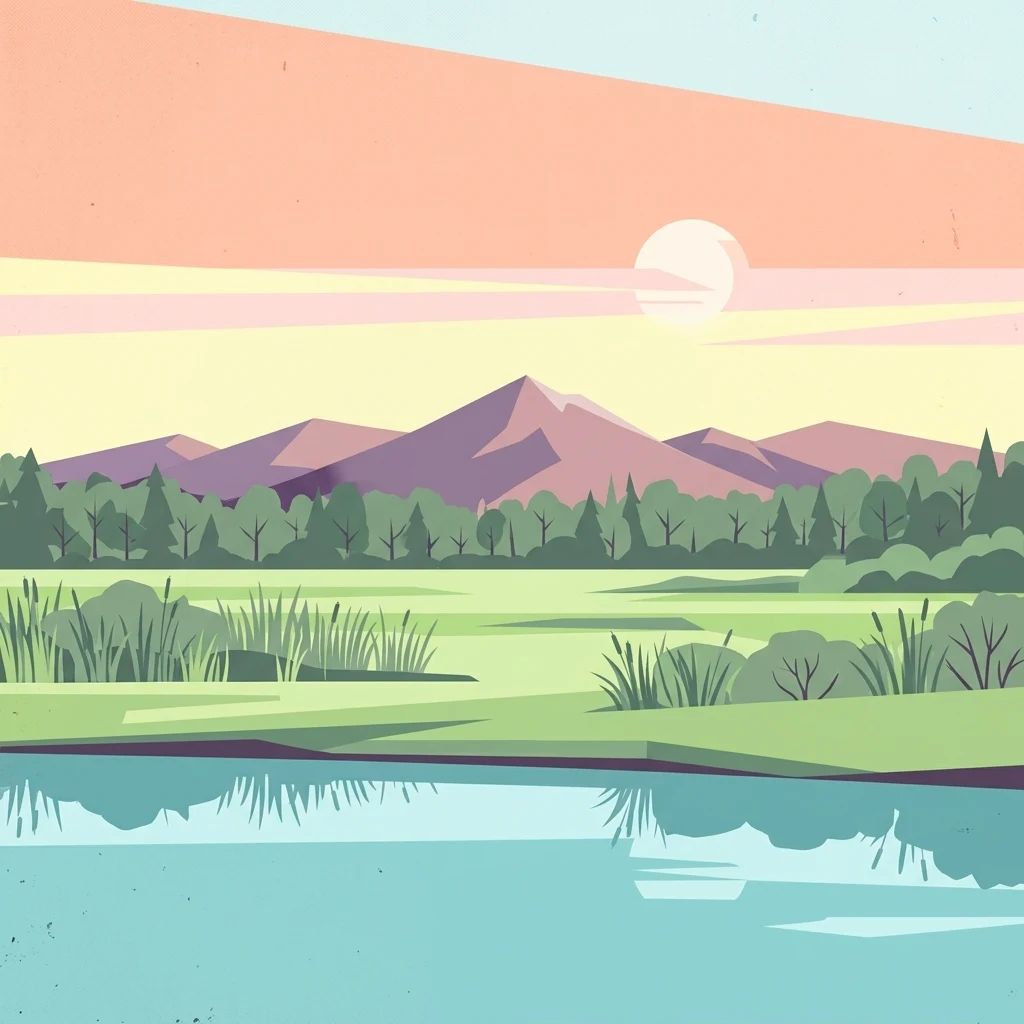 Stylized illustration of a river delta landscape with mountains, green fields, and a reflective body of water under a sunset sky