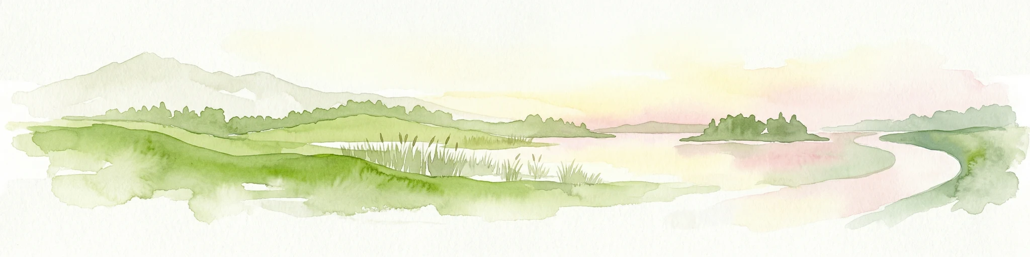 Ilustración en acuarela de un paisaje de delta fluvial con cursos de agua sinuosos, campos verdes, montañas distantes y un cielo pálido