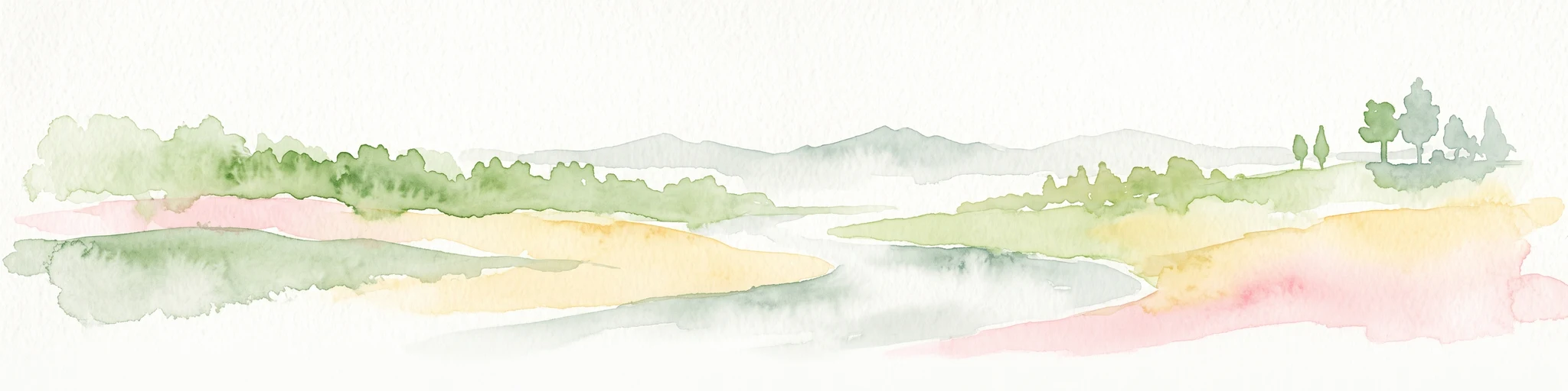 A soft watercolor painting of a winding river flowing through a lush, misty green forest under pale hills.