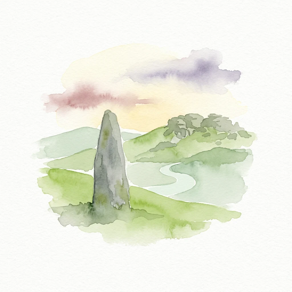 Watercolor illustration of a tall stone tor on a grassy hillside with a winding river, hills, and soft clouds in the sky