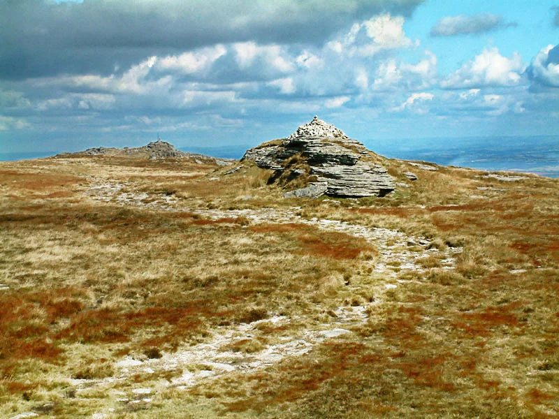 Wide landscape of Dartmoor moorland with a stone path ascending to a granite tor under a partly cloudy sky.