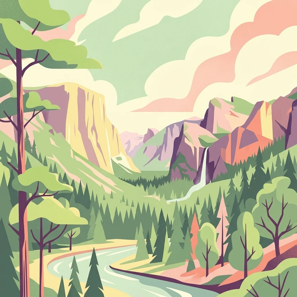 A graphic illustration of a mountainous valley featuring a winding river in the foreground, dense pine forests, tall granite cliffs, a visible waterfall, and a pastel-toned sky.