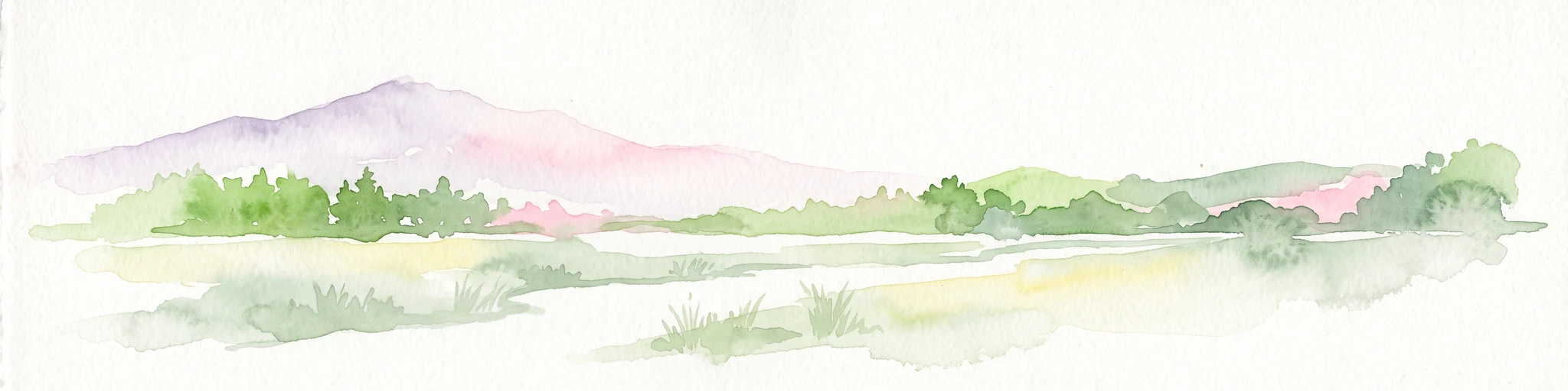 A horizontal watercolor painting depicting a soft-focus landscape with rolling green hills, a marshy foreground with grasses, and light purple mountains in the distance.