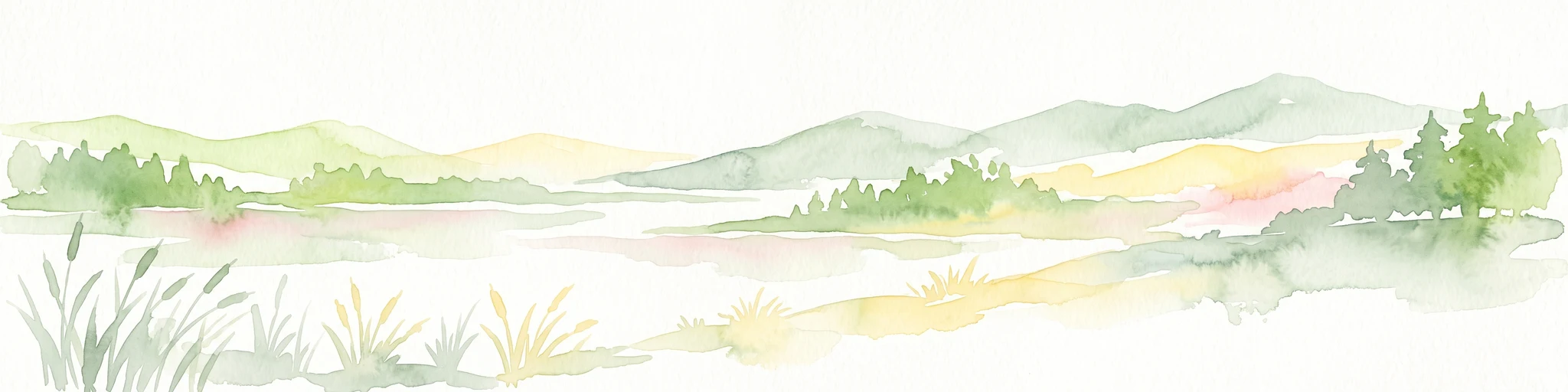A watercolor painting showing a soft, panoramic landscape with green hills in the background, a body of water in the middle ground, and grasses in the foreground.